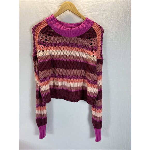 Free People Devon Sweater Fuchsia Rose Combo striped Size S slouchy Colorful - Picture 2 of 11
